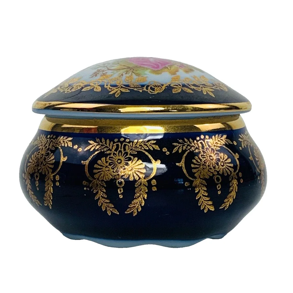Limoges France Fragonard Courting Couple Trinket Box Blue Gold 2.5